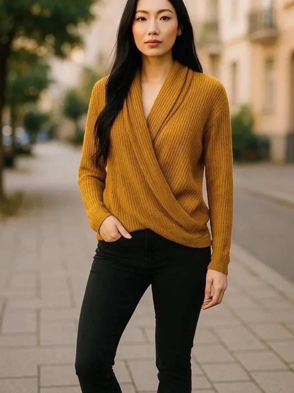 Anthropologie Akemi + Kin Wrap-Front Ribbed Sweater in Mustard